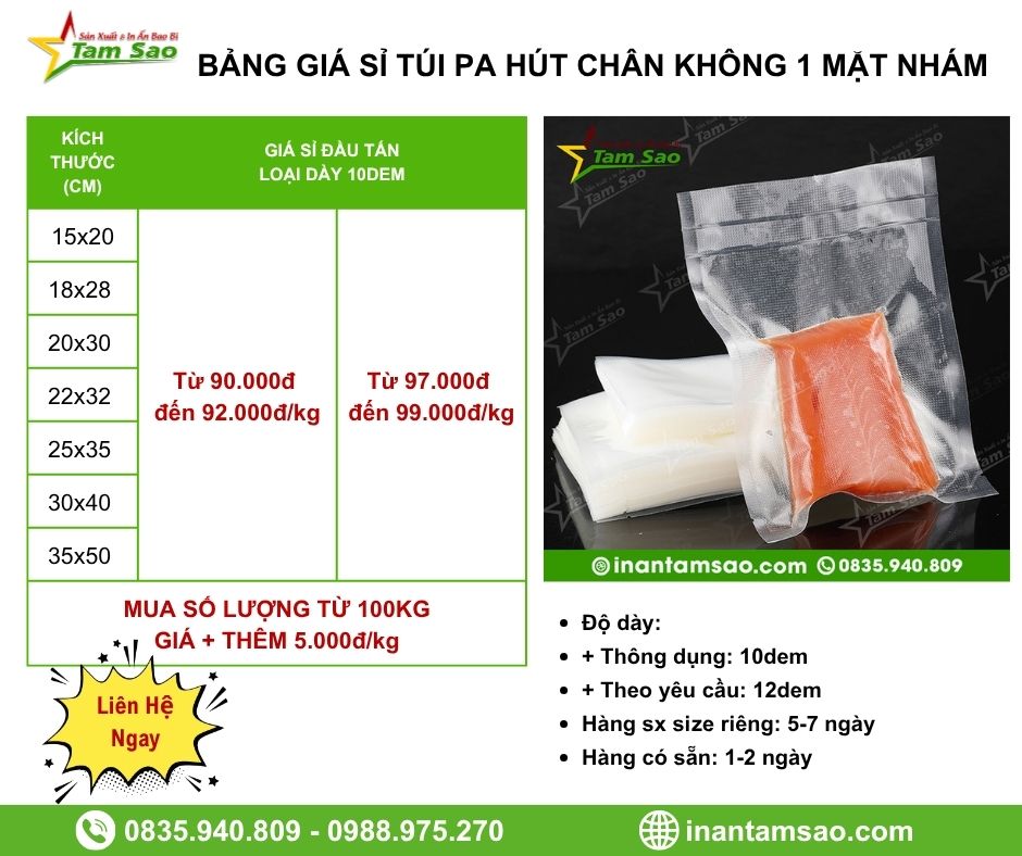 Túi PA Hút Chân Không Giá Sỉ bảng giá sỉ túi hút chân không 1 mặt nhám
