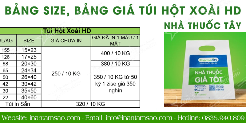 In Túi Hột Xoài HD Nhà Thuốc Bảng size, bảng giá túi hột xoài HD