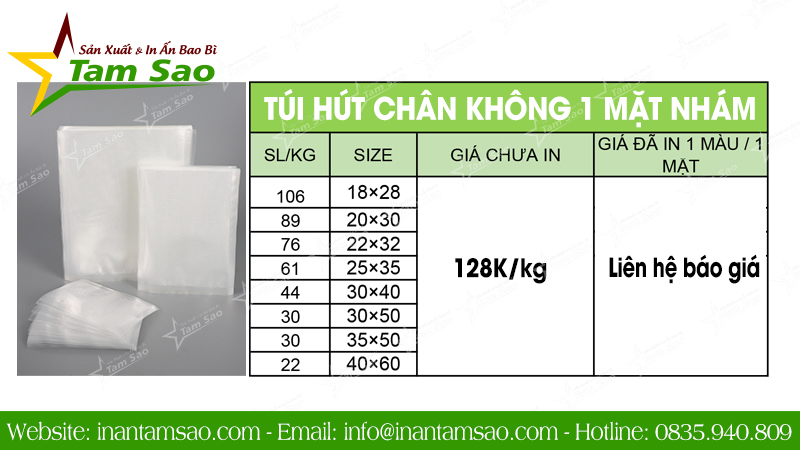 Túi Hút Chân Không 1 Mặt Nhám bảng giá túi hút chân không nhám, bảng giá túi hút chân không 1 mặt nhám, giá túi hút chân không nhám, giá túi hút chân không 1 mặt nhám, bảng giá túi nhám hút chân không bao bì tam sao