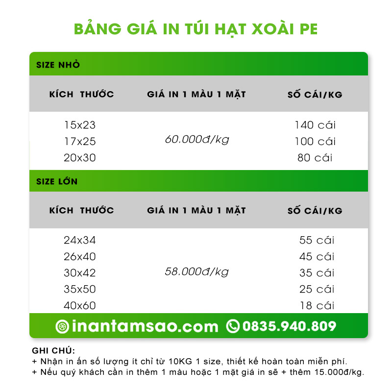 giá in túi hột xoài PE