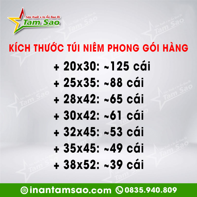 size túi niêm phong gói hàng