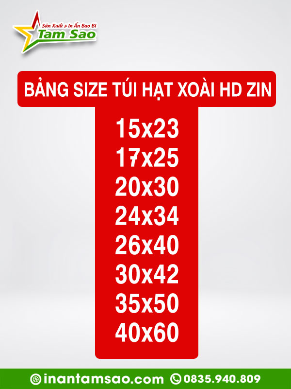 bảng size túi hạt xoài hd zin