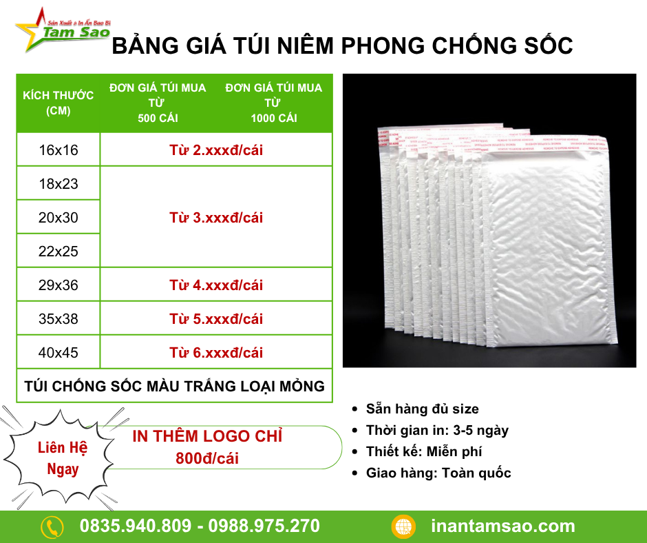Túi Niêm Phong Chống Sốc bảng giá túi chống sốc niêm phong màu trắng