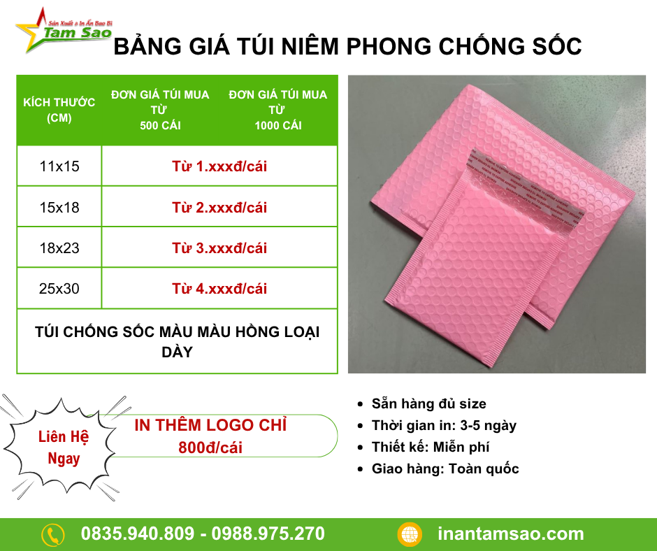 Túi Niêm Phong Chống Sốc bảng giá túi chống sốc màu hồng