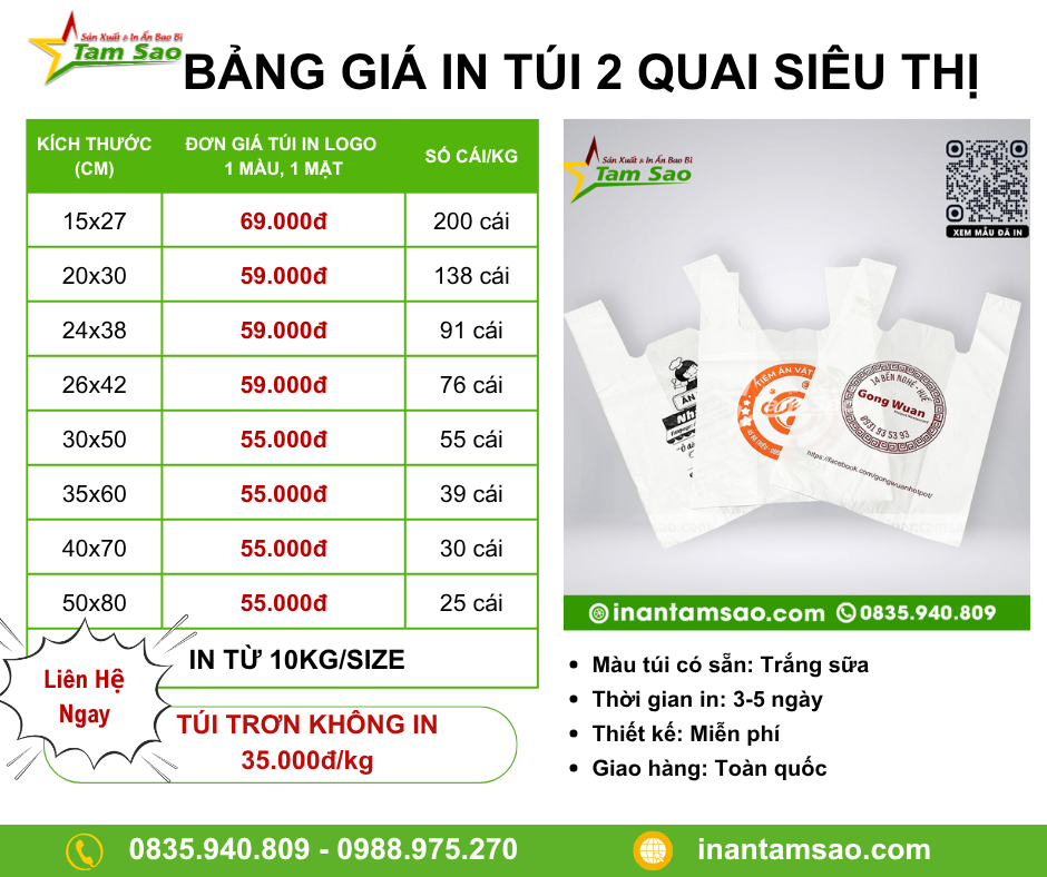 Bảng giá in túi xốp 2 quai trắng sữa