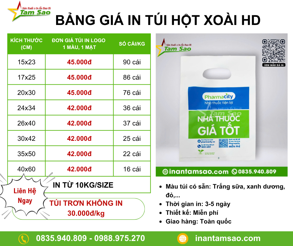 Bảng giá in túi hột xoài HD