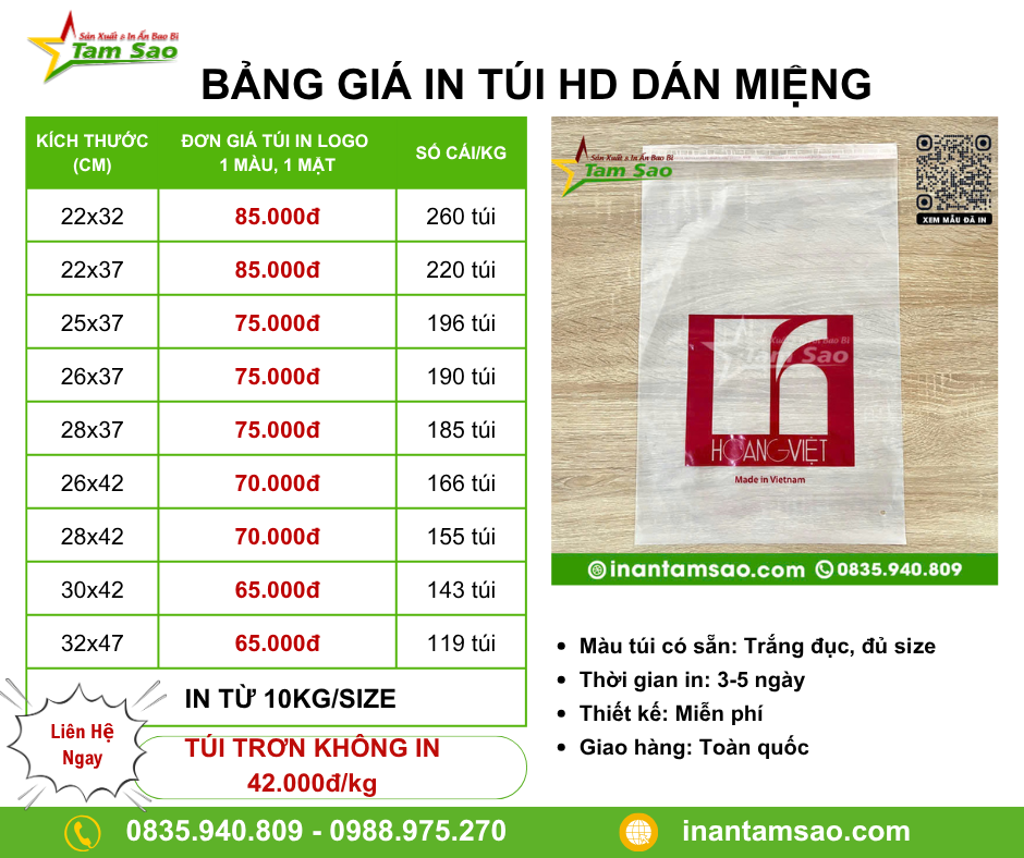 Bảng giá in túi HD dán miệng