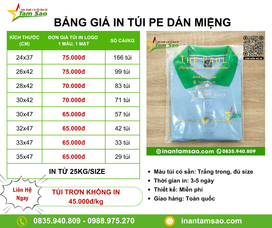 Bảng giá in túi PE dán miệng
