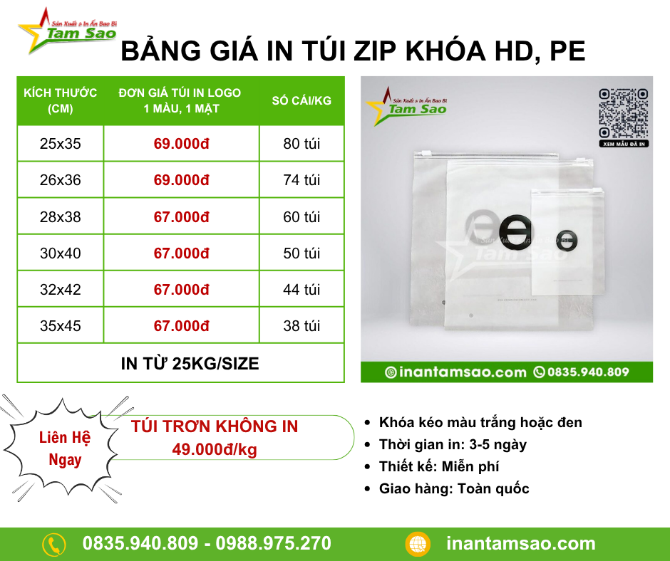 Bảng giá in túi zip khóa kéo