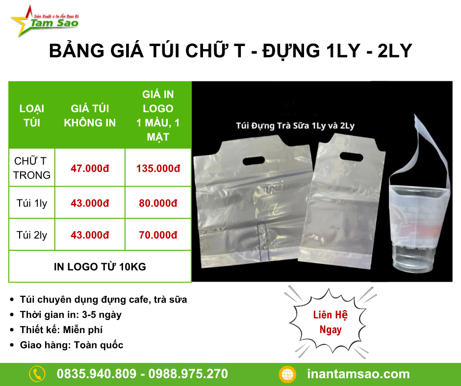 GIÁ IN TÚI ĐỰNG TRÀ SỮA 1ly, 2ly, Túi Chữ T