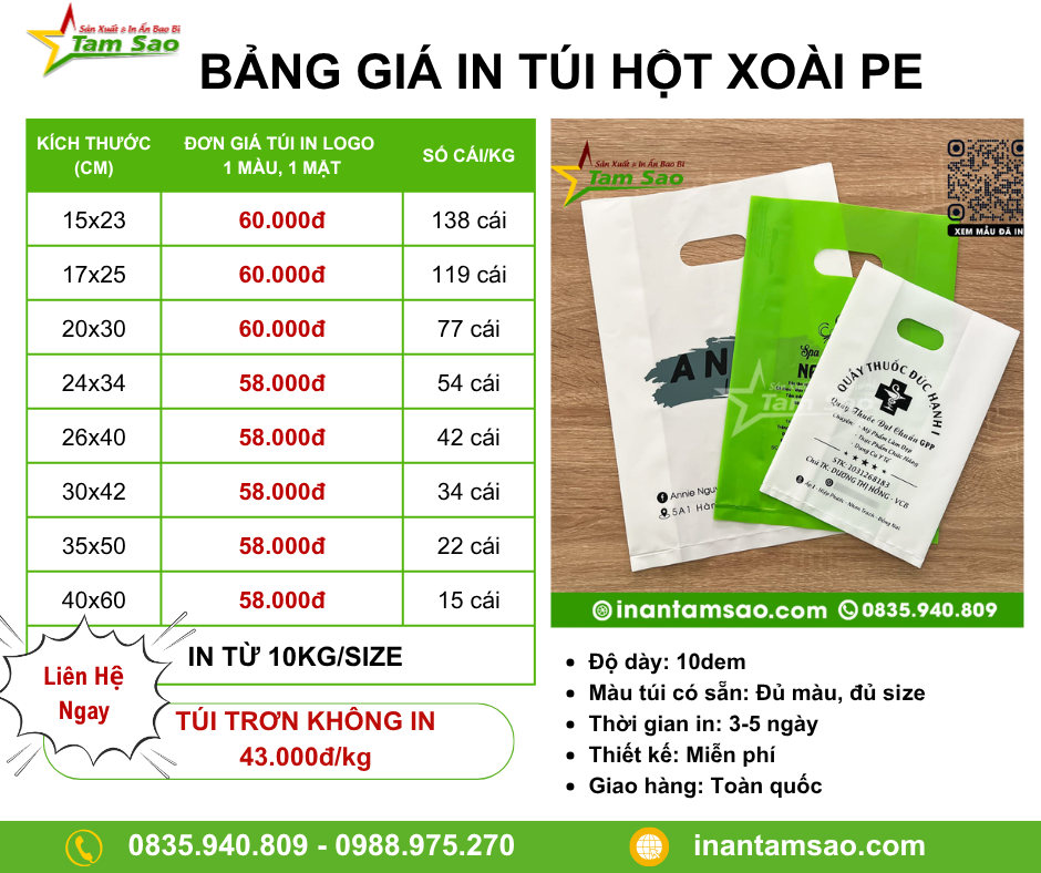bảng giá in túi hột xoài PE